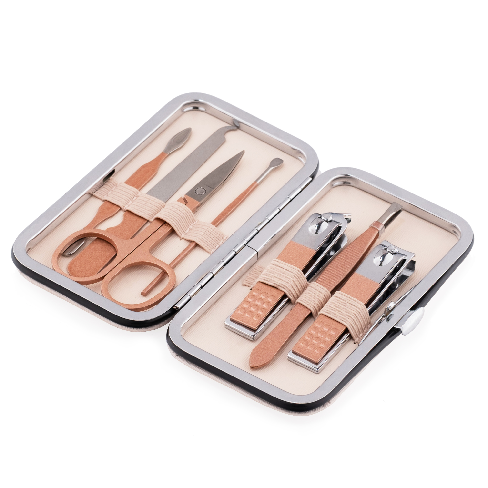 Zestaw 7 akcesoriów kosmetycznych do manicure, pedicure i regulacji brwi w beżowym etui Zestaw 7 akcesoriów kosmetycznych do manicure, pedicure i regulacji brwi w beżowym etui