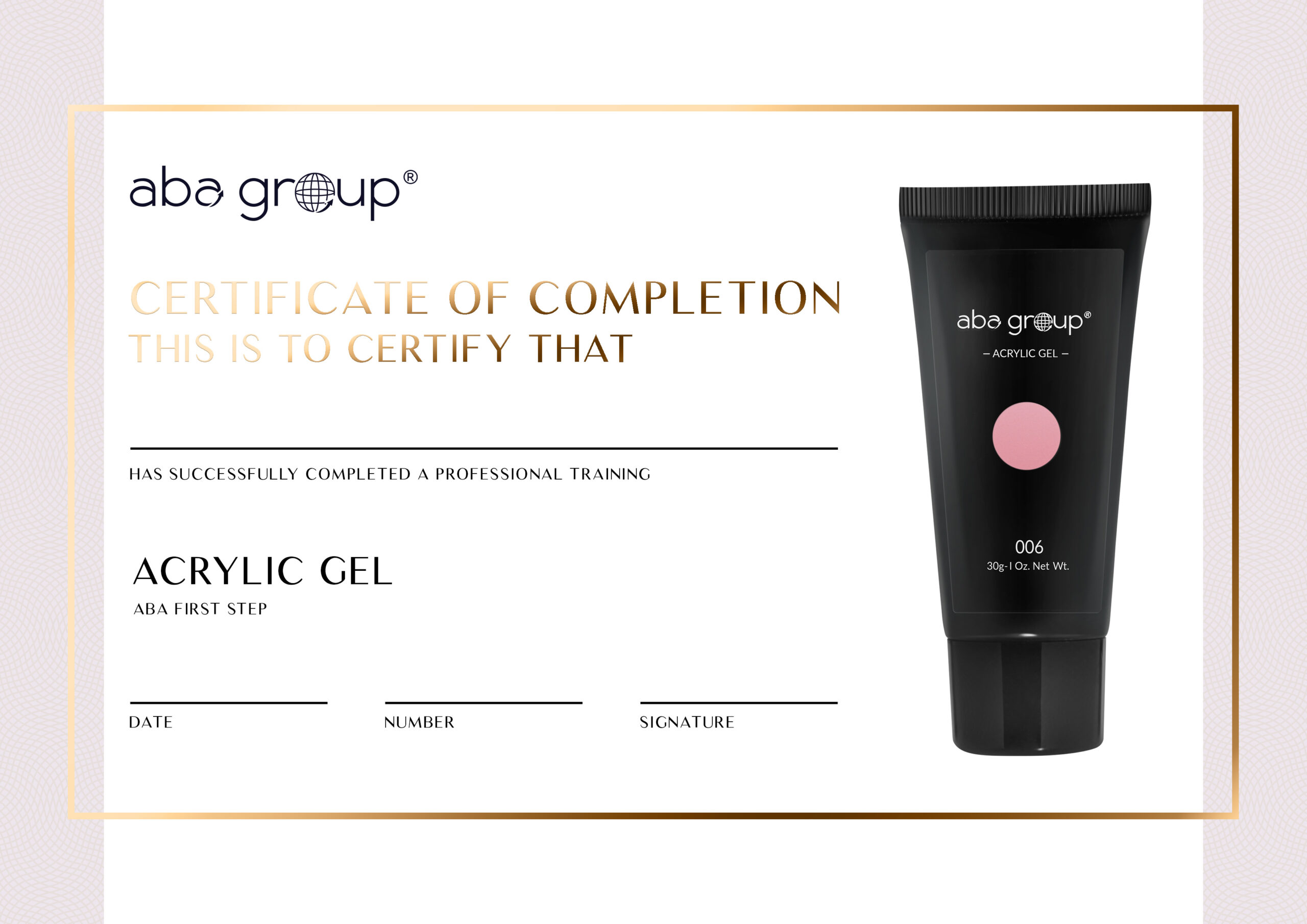 Certyfikat ACRYLIC GEL SYSTEM FIRST STEP – dla Instruktorów Aba Group