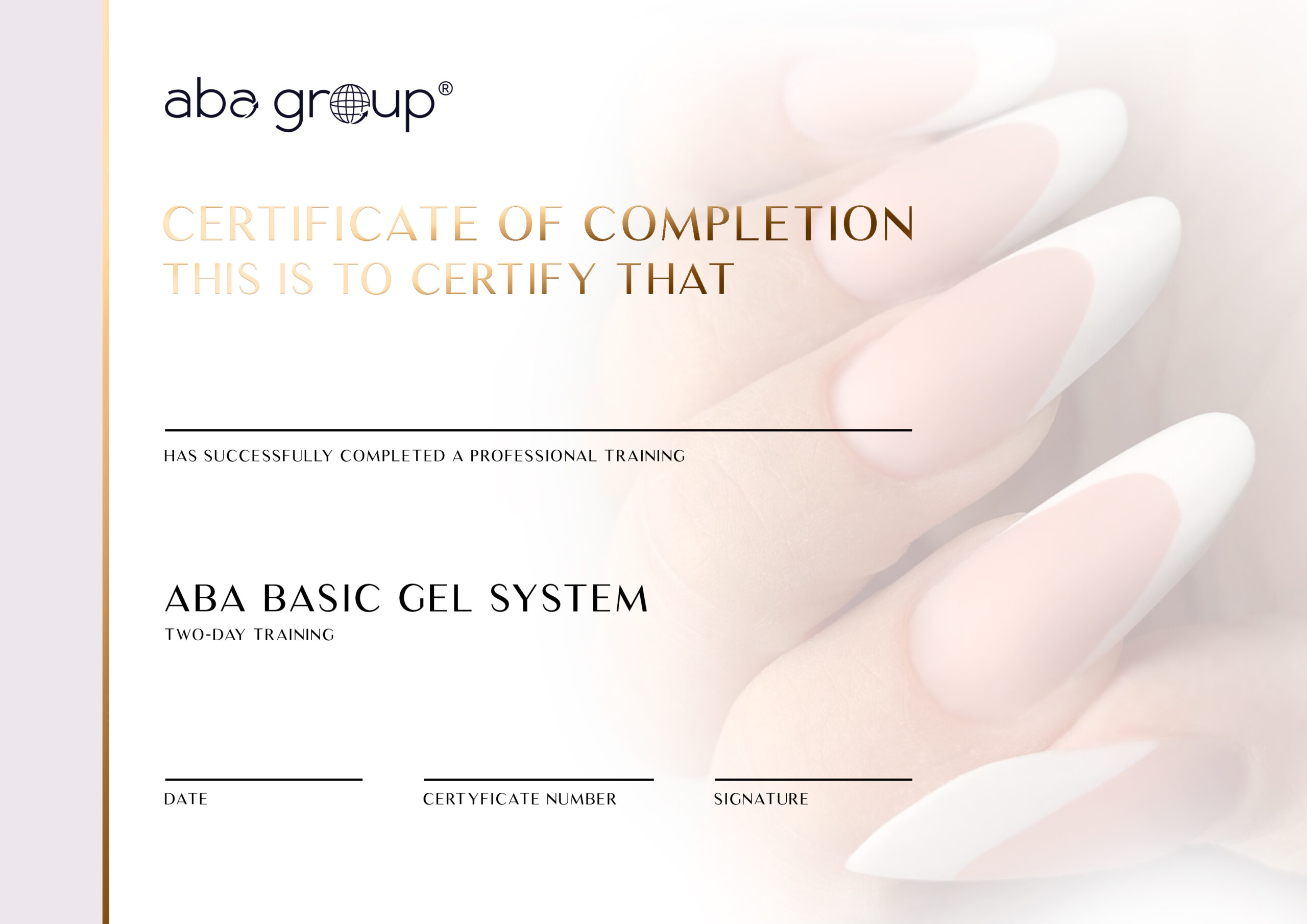 Certyfikat BASIC GEL SYSTEM – TWO DAY – dla Instruktorów Aba Group – NEW