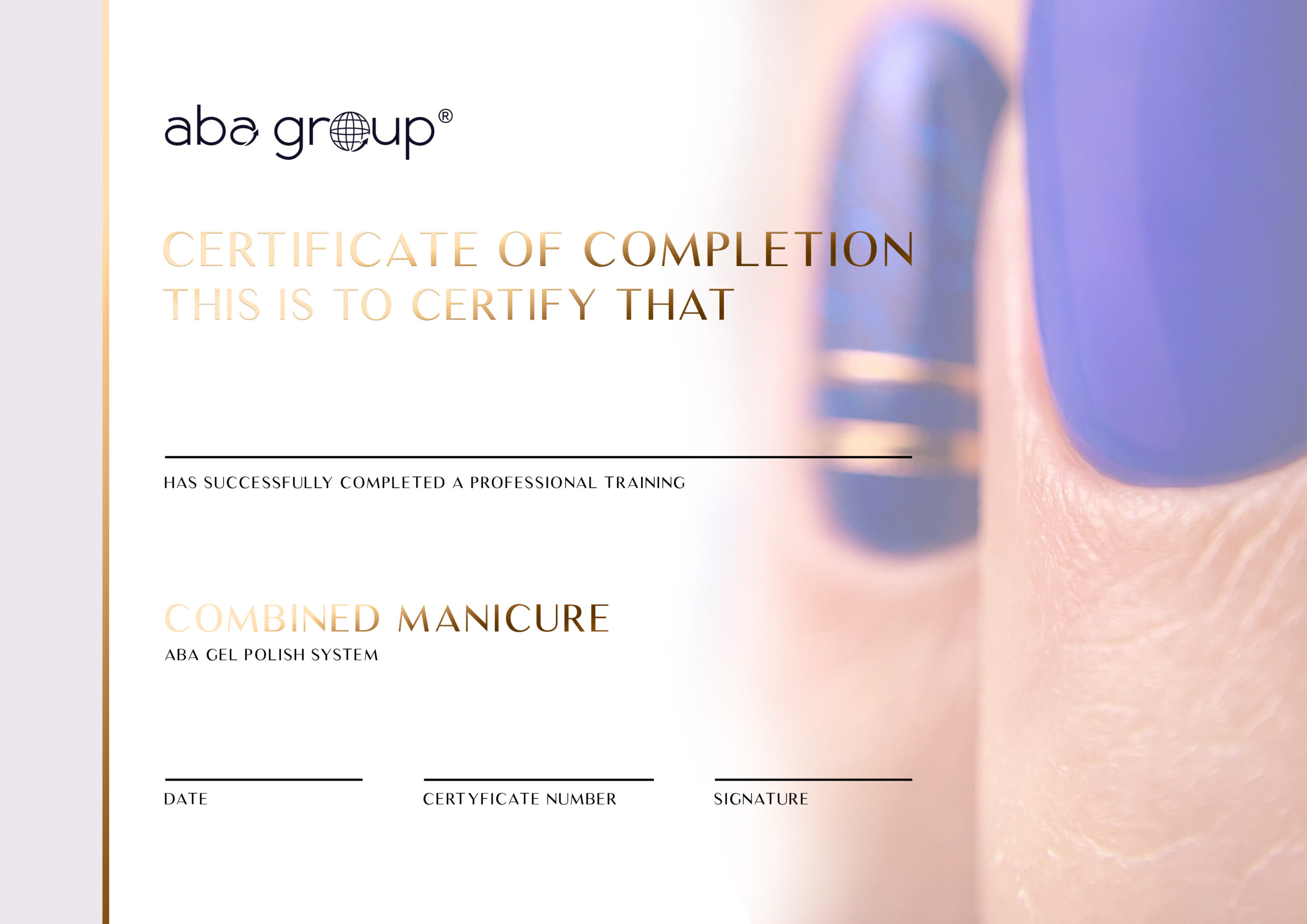 Certyfikat COMBINED MANICURE ABA GEL SYSTEM – dla Instruktorów Aba Group